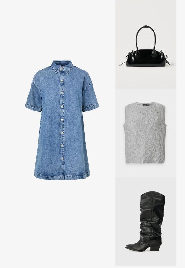 Grå strikket vest med V-hals og uden ærmer. Har et struktureret kabelmønster og ribbede kanter. Materialet ser blødt og hyggeligt ud.; Blå kortærmet denimskjortekjole med spids krave og en forreste række sølvknapper.; Sorte læderknæhøje støvler med et skrånet design, spids tå og chunky hæl, der har en glat overflade og minimal syning.; Lille sort blank håndtaske med to lange håndtag og snøre-detaljer i siden på en ensfarvet lys baggrund.