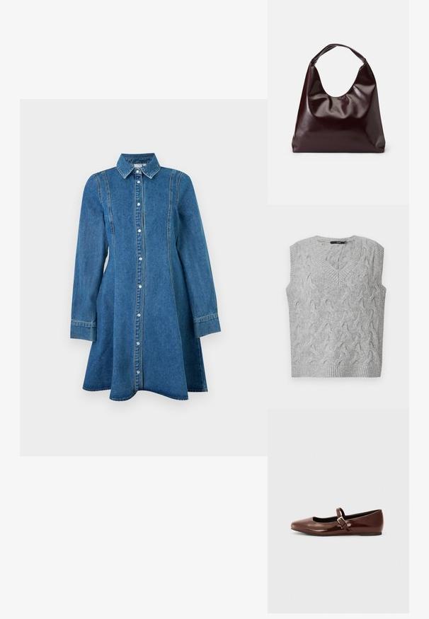 Grijze gebreide vest met een V-hals en zonder mouwen. Heeft een getextureerd kabelpatroon en ribgebreide randen. Het materiaal lijkt zacht en gezellig.; Blauwe denim jurk met lange mouwen, kraag, knoopsluiting aan de voorkant en naaddetails, licht uitlopend aan de zoom.; Bruine gepatineerde leren balletschoen met een vierkante neus en een bandje met een kleine gouden gesp. Gladde textuur, lage hak en minimalistisch ontwerp.; Bordeaux, glanzende vegan leren totebag met een zachte, sculpturale vorm en een brede, gebogen handgreep voor makkelijk dragen.