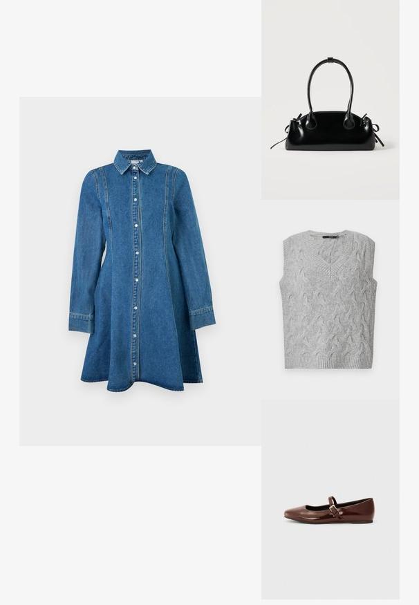 Grå strikket vest med V-hals og uden ærmer. Har et struktureret kabelmønster og ribbede kanter. Materialet ser blødt og hyggeligt ud.; Blå denim kjole med lange ærmer, krave, knaplukning foran og sømdetaljer, der flaner let ved kanten.; Brun patentlæder balletflade med firkantet tå og strop med en lille guldbuckle. Glat tekstur, lav hæl og minimalistisk design.; Lille sort blank håndtaske med to lange håndtag og snøre-detaljer i siden på en ensfarvet lys baggrund.