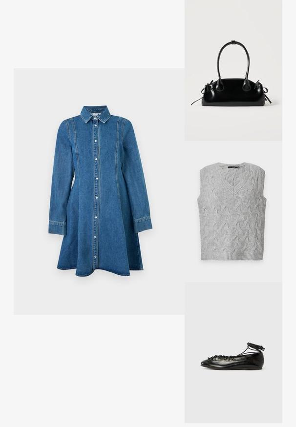 Gilet en tricot gris avec un col en V et sans manches. Présente un motif en câble texturé et des bords côtelés. Le matériau semble doux et confortable.; Robe en denim bleu à manches longues avec col, fermeture boutonnée sur le devant et détails de coutures, s'évasant légèrement à l'ourlet.; Ballerines en cuir verni noir avec un bout rond, un design à lacets et une semelle plate. Texture lisse avec peu de détails.; Petit sac à main noir brillant avec deux longues anses et des détails à cordon sur les côtés sur un fond clair uni.