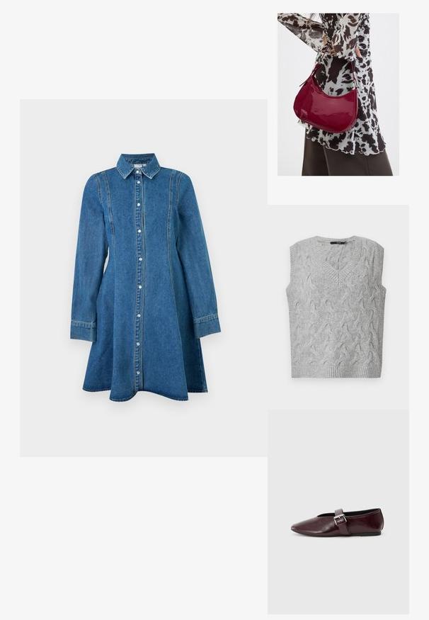 Grå strikket vest med V-hals og uden ærmer. Har et struktureret kabelmønster og ribbede kanter. Materialet ser blødt og hyggeligt ud.; Blå denim kjole med lange ærmer, krave, knaplukning foran og sømdetaljer, der flaner let ved kanten.; Bordeaux læder ballerina sko med spidse tæer, flad sål og en dekorativ spænde-strop over vristen. Glat, blank tekstur.; Kvinde iført en sort- og hvidmønstret bluse, der holder en blank rød skuldertaske mod en ensfarvet baggrund.