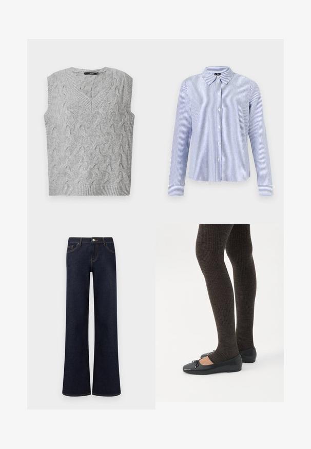 Gilet en tricot gris avec un col en V et sans manches. Présente un motif en câble texturé et des bords côtelés. Le matériau semble doux et confortable.; Chemise à manches longues boutonnée, avec des rayures verticales blanches et bleu clair et un col pointu, présentée sur un fond uni.; Jean en denim bleu foncé à jambes larges avec poches avant, fermeture par bouton et fermeture éclair, et coutures contrastantes visibles.; Jambes portant des leggings côtelés foncés associés à des ballerines noires avec de petits détails en nœud sur fond blanc.
