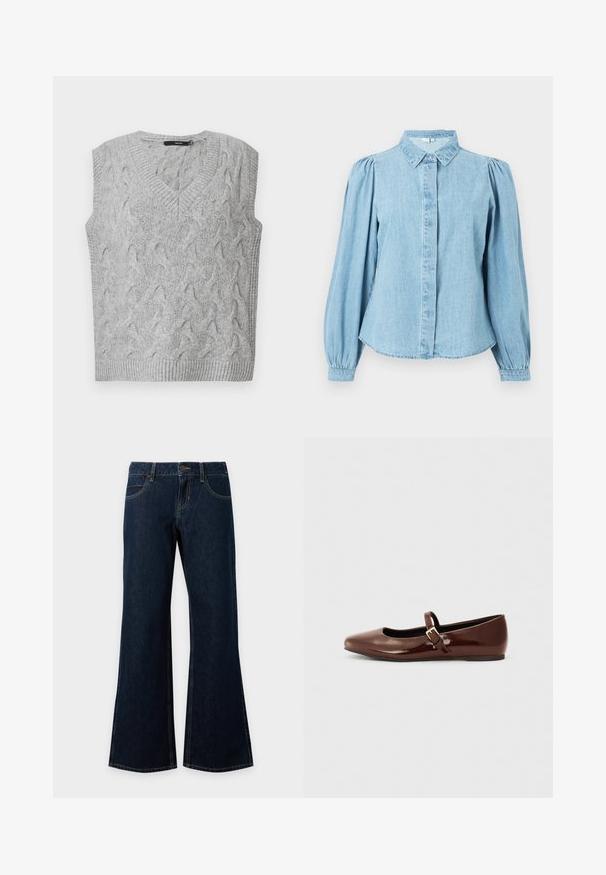 Grijze gebreide vest met een V-hals en zonder mouwen. Heeft een getextureerd kabelpatroon en ribgebreide randen. Het materiaal lijkt zacht en gezellig.; Lichtblauw denim overhemd met een puntige kraag, knoopsluiting aan de voorkant en lange pofmouwen. Gladde textuur met een afgeronde zoom.; Donkerblauwe spijkerbroek met knoop- en ritssluiting aan de voorkant, vijf zakken en licht uitlopende brede pijpen.; Bruine gepatineerde leren balletschoen met een vierkante neus en een bandje met een kleine gouden gesp. Gladde textuur, lage hak en minimalistisch ontwerp.
