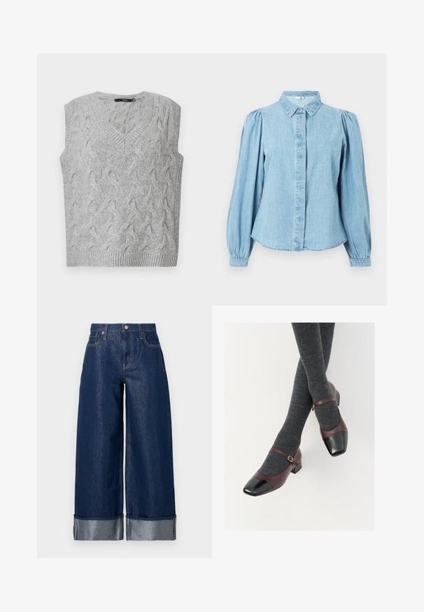 Grå strikket vest med V-hals og uden ærmer. Har et struktureret kabelmønster og ribbede kanter. Materialet ser blødt og hyggeligt ud.; Lyseblå denimskjorte med spids krave, knapper foran og lange pufærmer. Glat tekstur med rundet kant forneden.; Vidbenede mørkeblå denimjeans med høj talje, fem-lomme design og opsmøgede kanter, der viser et lysere indre stof.; Burgunderrøde læder Mary Jane-sko med en sort laktoej og tynd ankelrem; båret med mørkegrå ribbede strømper. Lav blokhæl.