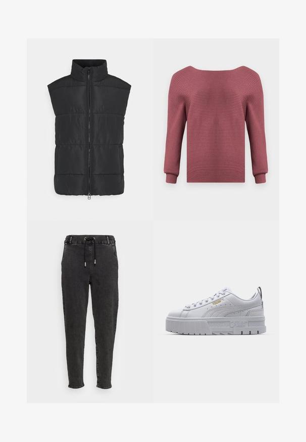 Monki Veste sans manches - black dark; Pull en maille côtelée couleur rose doux avec manches longues, encolure bateau et poignets ajustés sur un fond clair uni.; Pantalons jogger en denim noir avec une taille élastique, fermeture à cordon, jambes fuselées et texture légèrement dégradée sur le tissu.; Baskets plateformes blanches avec une tige en cuir lisse, un col rembourré, une semelle en caoutchouc grise et des accents dorés arborant le logo Puma.