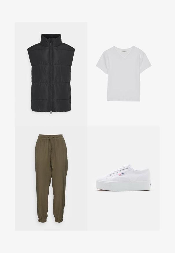 Monki Veste sans manches - black dark; T-shirt blanc à manches courtes en V, en tissu côtelé. Présente un design épuré avec un ourlet droit et un minimum de détails.; ONLY ONLARIS LIFE PULL UP PANT - Pantalon classique - kalamata; Baskets en toile blanches avec une épaisse semelle plateforme blanche, bout rond et œillets en métal pour les lacets. Logo de la marque affiché sur le côté.