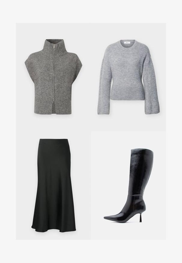 Grå strikket sweater med høj krave, frontlynlås og kapærmer. Ribbet kant og split-sider fremhæver det strukturerede design.; Lysegrå langærmet strikket sweater med ribbet rund halsudskæring, manchetter og kant, vist fladt på en hvid baggrund.; Sort satin nederdel med en udvidet silhuet, mellemlang design, glat tekstur og en simpel, udekoreret talje.; Sorte knæhøje stiletto støvler med en skinnende læderoverflade, spids tå og slank, konisk hæl, der har en glat overflade og et strømlinet design.
