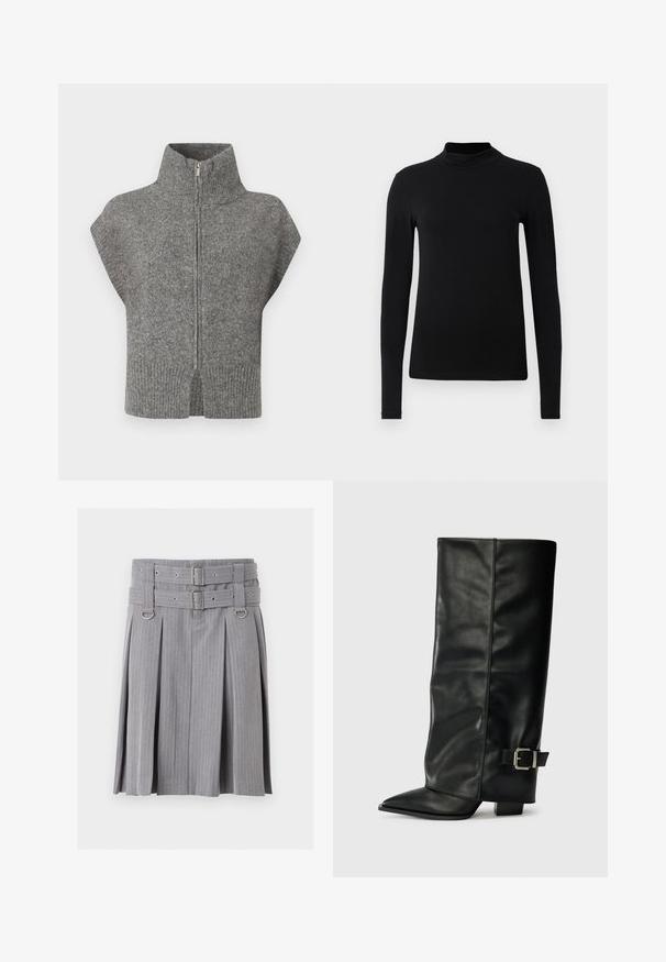 Pull en maille gris avec un col montant, fermeture éclair à l'avant et manches courtes. L'ourlet côtelé et les côtés fendus mettent en valeur le design texturé.; Chemise à col roulé noir à manches longues en tissu lisse ; design ajusté avec un col haut et sans coutures visibles. Couleur unie et simple.; Jupe plissée grise à fines rayures avec double ceinture et détails de boucles argentées, présentant des accents anneaux en D à la taille.; Bottes noires en cuir longueur cheville avec un bout pointu, texture lisse et une accent en boucle argentée sur le côté. Talon carré épais.