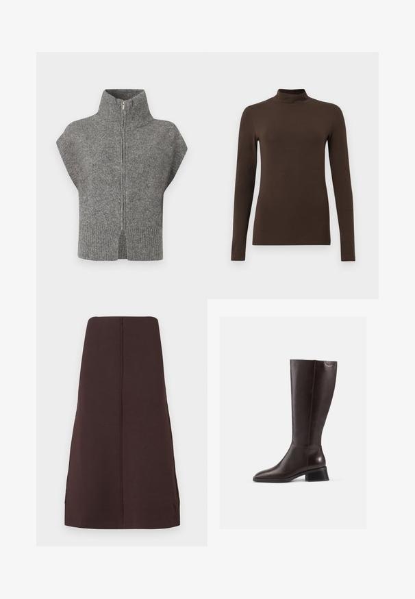 Grijze gebreide trui met een hoge kraag, voorkleurige rits en kapmouwen. De geribbelde zoom en de splitzijden verbeteren het textuurontwerp.; Bruine lange mouw turtleneck top gemaakt van zachte stof. Strak ontwerp met een hoge hals en naadloze mouwen. Geen zichtbare patronen of hardware.; Bruine knielange rok van zacht materiaal, met een rechte snit zonder zichtbare naden en zijsplits voor extra bewegingsvrijheid.; Kniehoge bruine leren laarzen met een gladde afwerking, ronde neus en een gestapelde zwarte hak. Eenvoudig ontwerp met minimale hardwaredetails.