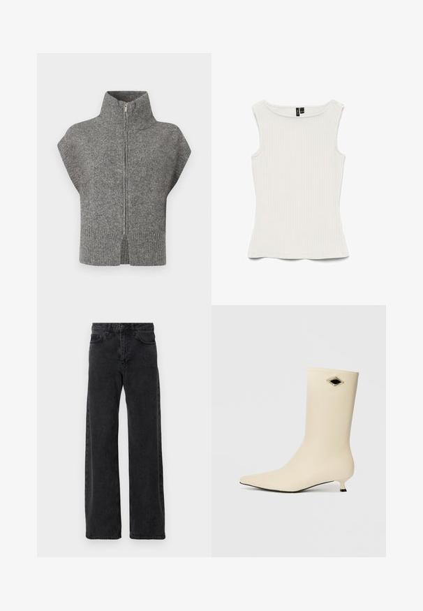 Grå strikket sweater med høj krave, frontlynlås og kapærmer. Ribbet kant og split-sider fremhæver det strukturerede design.; Hvid ærmeløs ribstrikket top med bådudskæring og tætsiddende silhuet, lagt fladt på hvid baggrund.; Sorte denimjeans med bred ben-design, der har en klassisk fem-lomme stil, knaplukning og diskret falmning.; Cremefarvet ankelstøvle lavet af glat materiale, med spidse tå, kitten heel og en diamantformet sort accent.