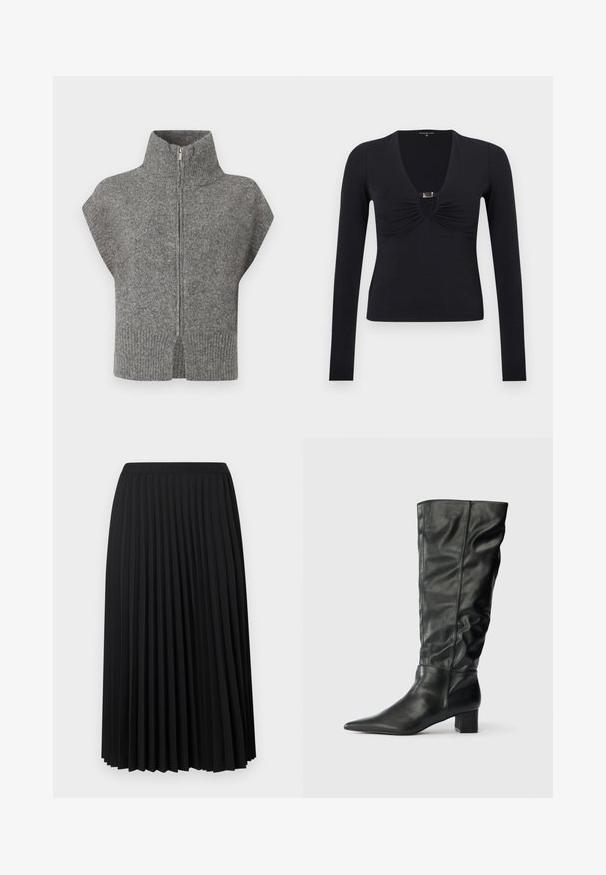 Pull en maille gris avec un col montant, fermeture éclair à l'avant et manches courtes. L'ourlet côtelé et les côtés fendus mettent en valeur le design texturé.; Haut noir à manches longues avec un décolleté en V profond, tissu froncé au niveau de la poitrine, et une découpe avant soulignée par un détail en métal doré.; Jupe midi plissée noire avec une ceinture élastique. Présente de multiples plis verticaux pour la texture et le mouvement. Fabriquée dans un tissu lisse et léger.; Bottes noires en cuir jusqu'au genou avec un bout pointu, un tige décontractée et un talon carré. Texture lisse avec peu de coutures visibles.