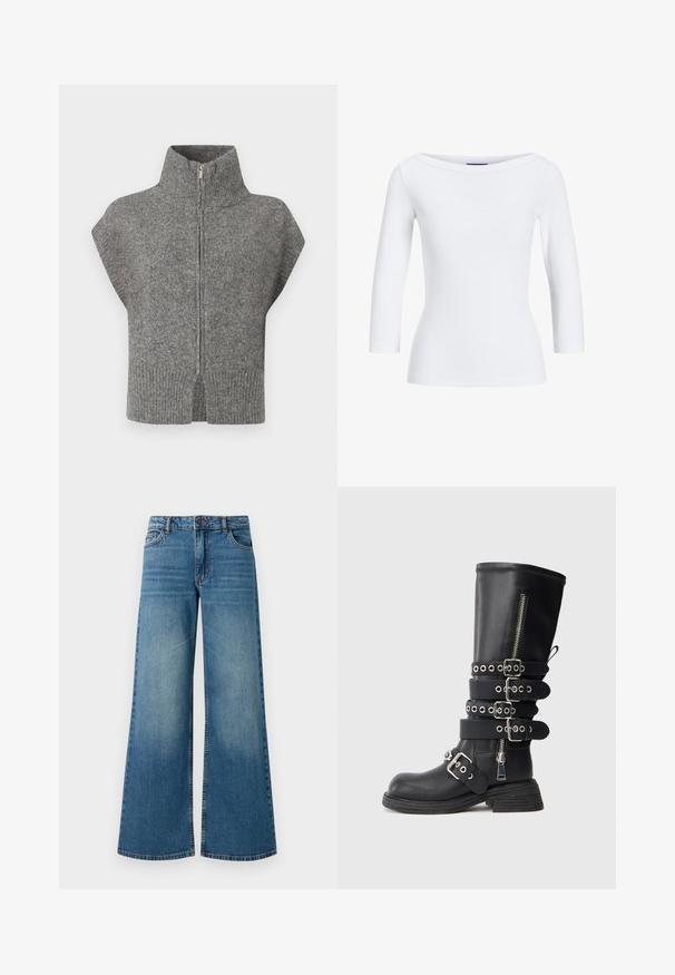 Grå strikket sweater med høj krave, frontlynlås og kapærmer. Ribbet kant og split-sider fremhæver det strukturerede design.; Hvid, ribbet langærmet top med bådudskæring. Stoffet er glat, tætsiddende og har en ren afslutning ved manchetterne og kanten.; Bredde ben blå denimjeans med en falmet finish, fem-lomme design og standard talje med metalknap og lynlåslukning.; Sorte læder knæhøje støvler med flere justerbare remme, sølvdetaljer, lynlås i siden og tekstureret sål.