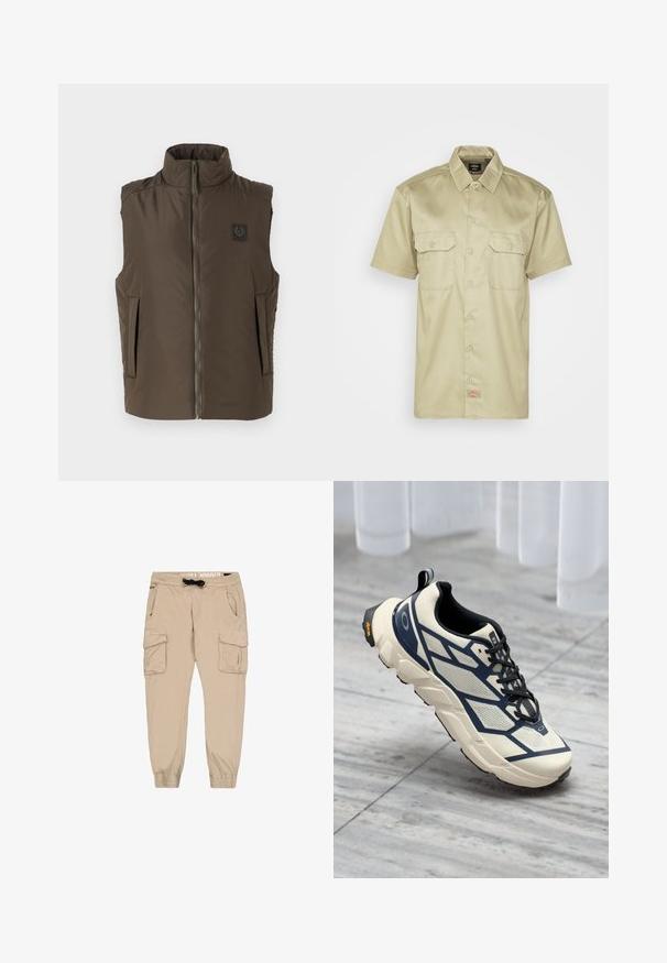 Brun ærmeløs vest med høj krave, frontlynlås og to sidelommer. Har et logo-patch på venstre bryst. Glat tekstur.; Kortærmet, khaki knap-up skjorte med krave, to brystlommer og et lille broderet logo ved kanten. Glat stofstruktur.; Beige cargo bukser med en tapered ben, elastisk talje, snor og flere lommer. Lavet af letvægtsstof med en glat tekstur.; Letvægts løbesko med en cremefarvet overdel, marineblå detaljer, tekstureret mesh og en polstret sål; med en sort gummihæl og logo.