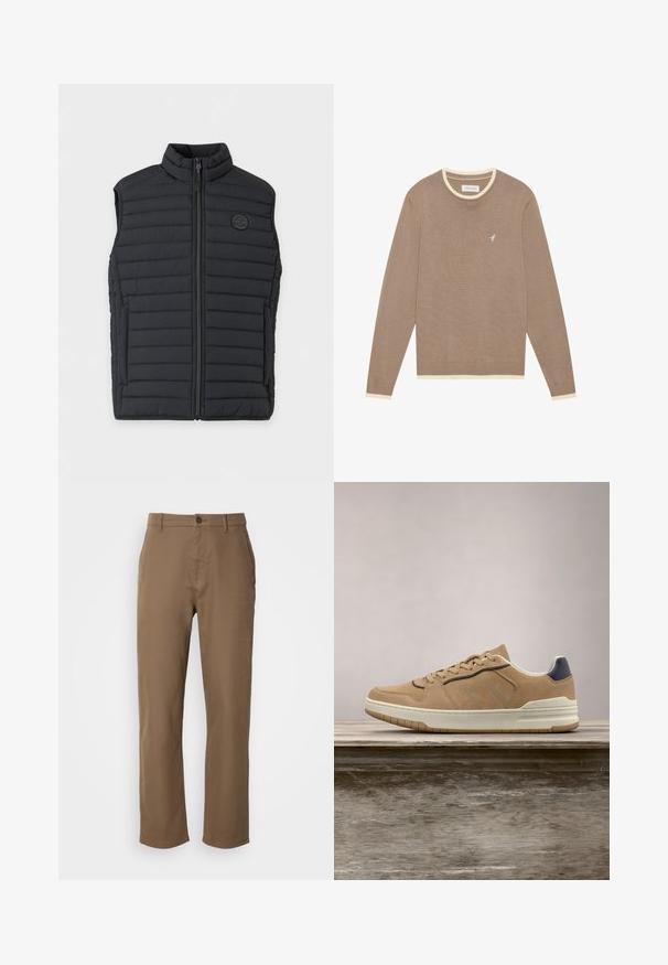 Veste sans manches matelassée noire avec fermeture éclair intégrale à l'avant, col montant, poches latérales et un petit logo rond sur la poitrine gauche.; Pull en maille marron avec un col et des poignets côtelés de couleur crème, arborant un petit logo d'oiseau blanc sur la poitrine gauche. Manches longues, coupe classique.; Pantalons en coton marron avec une coupe droite, fermeture à bouton et poches latérales. Ils présentent une texture lisse et un design simple, sans embellissement.; Baskets en suède beige avec semelle en caoutchouc blanc, dotées de lacets beiges, d'accents bleu marine et de détails perforés sur la boîte à orteils.