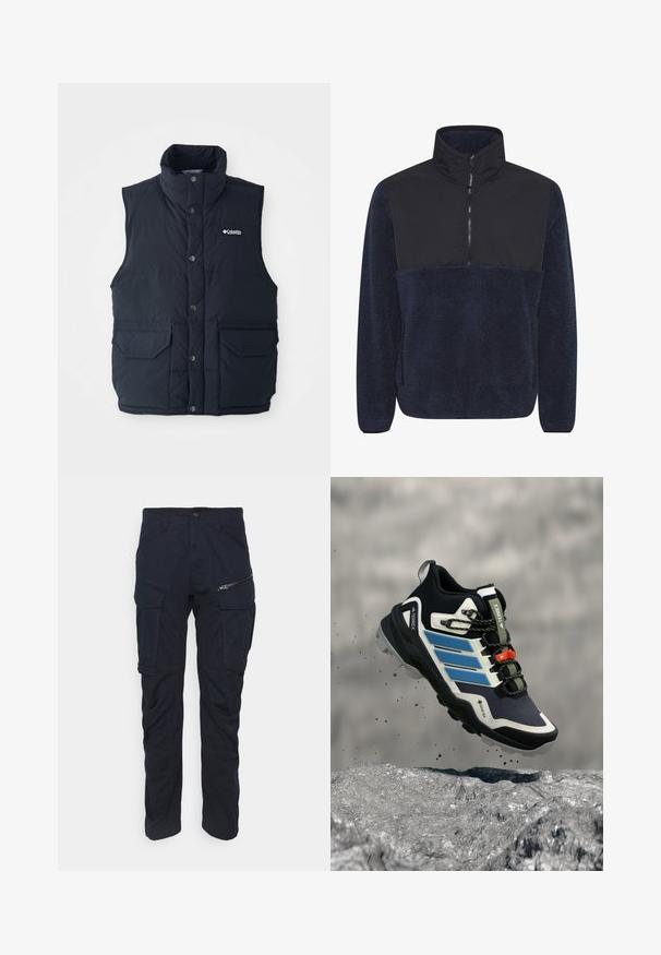 Dunkelblaues Steppweste mit hohem Kragen, Druckknöpfen und zwei Fronttaschen. Verfügt über eine gesteppte Textur und ein Logo auf der Brust.; Navyblauer Fleece-Pullover mit einem schwarzen Frontpanels, hohem Kragen und halbem Reißverschluss. Weiche Textur mit entspannter Passform.; Dunkelblaue Cargo-Hosen mit einem Reißverschlussfach, mehreren Seitentaschen, geradem Bein und strapazierfähigem Material mit glatter Textur.; Schwarzer und blauer Adidas Terrex Wanderschuh mit robuster Sohle, der über felsigem Gelände mit herumfliegendem Schmutz schwebt.
