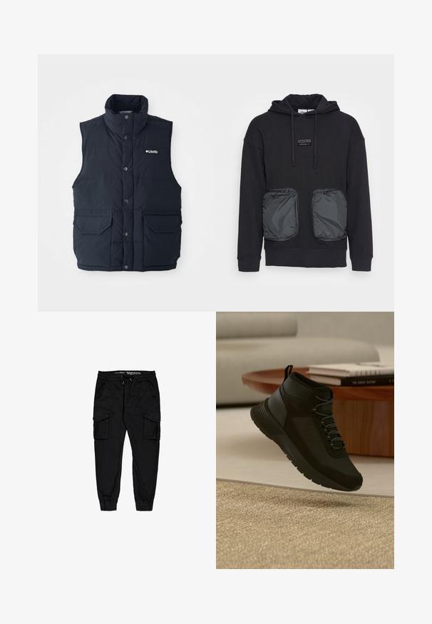 Dunkelblaues Steppweste mit hohem Kragen, Druckknöpfen und zwei Fronttaschen. Verfügt über eine gesteppte Textur und ein Logo auf der Brust.; Schwarzer Kapuzenpullover mit lässiger Passform, ausgestattet mit zwei großen Reißverschlusstaschen aus glänzendem Material auf der Vorderseite. Kleines Logopatch über den Taschen.; Schwarze Cargo-Hosen aus leichtem Stoff, mit elastischem Bund, Kordelzug und mehreren Seitentaschen sowie schmal zulaufenden Bündchen.; Schwarzer High-Top-Sneaker mit Schnürsenkeln, der über einem beigen Teppich schwebt, runder Holztisch mit gestapelten Büchern in einem hellen, modernen Wohnzimmer.
