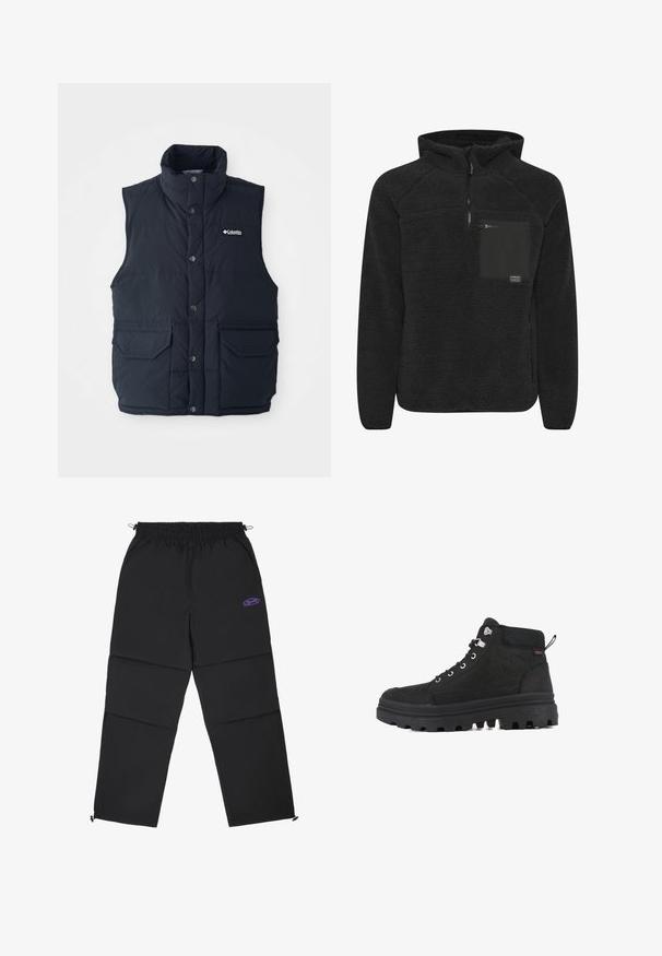 Dunkelblaues Steppweste mit hohem Kragen, Druckknöpfen und zwei Fronttaschen. Verfügt über eine gesteppte Textur und ein Logo auf der Brust.; Schwarzer Fleece-Pullover mit halbem Reißverschluss, ausgestattet mit einer Brusttasche aus einem glatten, matten Stoff. Strukturierte Außenseite mit gestrickten Bündchen und Saum.; Pegador ARDEN PARACHUTE PANTS - Stoffhose - black/deep purple; Schwarze Hochstiefel aus Wildleder mit einer dicken Gummisohle, ausgestattet mit silbernen Beschlägen, Schnürsenkeln und einem eingeprägten Logo an der Seite.