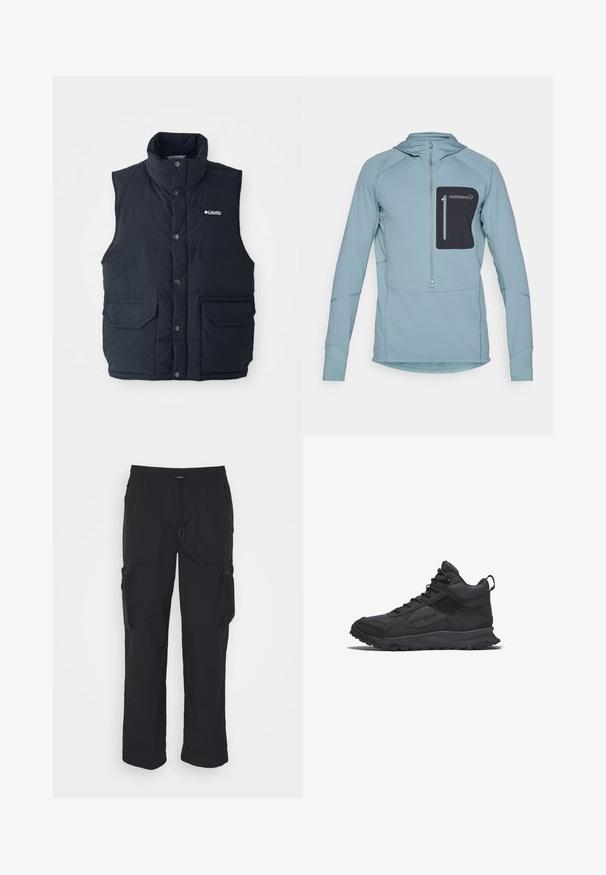 Dunkelblaues Steppweste mit hohem Kragen, Druckknöpfen und zwei Fronttaschen. Verfügt über eine gesteppte Textur und ein Logo auf der Brust.; Himmelblauer Langarm-Pullover-Hoodie mit Reißverschluss und einer schwarzen Reißverschlusstasche auf der Brust. Hergestellt aus strukturiertem Stoff mit genähten Details.; Schwarze Cargo-Hosen aus gewebtem Stoff. Mit verstellbarem Bund, Seitentaschen und zwei Utility-Taschen mit Reißverschlüssen.; Schwarze mittelhohe Wanderschuhe mit einer Kombination aus strukturierten und glatten Materialien, einer robusten Gummisohle und einer Zuglasche hinten.