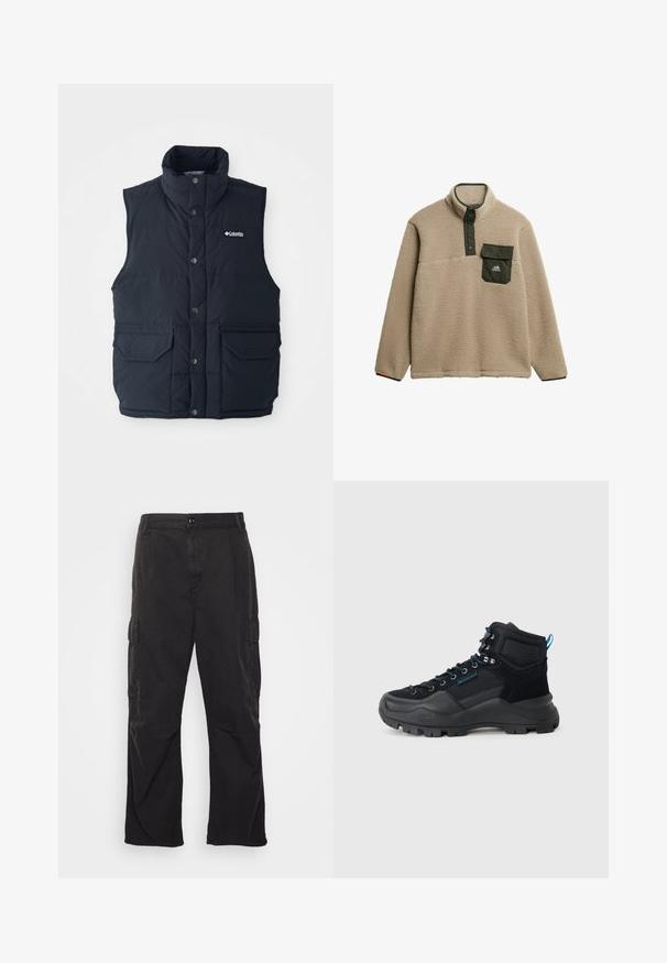 Chaleco acolchado azul marino con cuello alto, botones de presión y dos bolsillos frontales. Presenta una textura acolchada y un logotipo en el pecho.; Sudadera de forro polar beige con un cuello alto, tapeta de presión verde y un bolsillo en el pecho. El material tiene un acabado suave y texturizado. Logo de montaña en el bolsillo.; Pantalones cargo negros con un diseño de pierna recta, que cuentan con dos bolsillos laterales, un cierre de botón y una tela texturada.; Botas de senderismo negras con una combinación de materiales sintéticos texturizados y malla, con acentos azules, ojales de metal y una suela resistente.