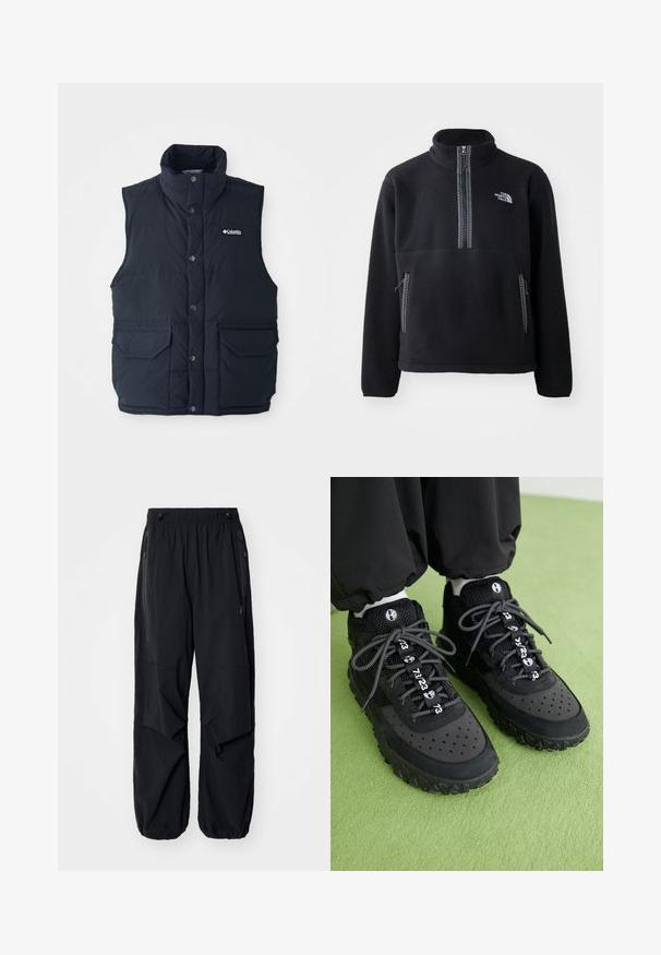 Dunkelblaues Steppweste mit hohem Kragen, Druckknöpfen und zwei Fronttaschen. Verfügt über eine gesteppte Textur und ein Logo auf der Brust.; Schwarzer Fleece-Halbzip-Pullover mit hohem Kragen, ausgestattet mit einer Brusttasche und zwei Seitentaschen. Das Design enthält einen kontrastierenden Reißverschluss.; Schwarze leichte Cargo-Hosen mit elastischem Bund, seitlichen Reißverschlüssen und geräumigen Taschen. Bietet eine lockere Passform und tapered Bündchen.; Schwarze Sneaker bestehen aus einer Kombination von Leder und Mesh-Materialien, haben eine strukturierte Gummisohle, auffällige Perforationen und gemusterte Schnürsenkel mit numerischen Akzenten.