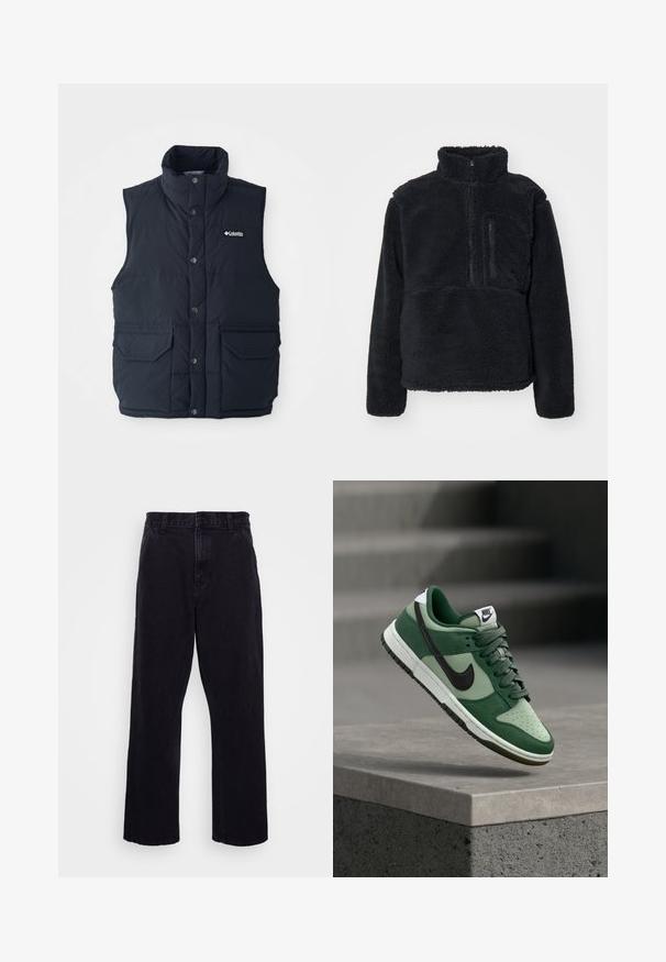 Dunkelblaues Steppweste mit hohem Kragen, Druckknöpfen und zwei Fronttaschen. Verfügt über eine gesteppte Textur und ein Logo auf der Brust.; Schwarzer Pullover aus weichem, strukturiertem Fleece. Verfügt über einen hohen Kragen, einen halben Reißverschluss und eine Reißverschlusstasche auf der Brust.; Schwarze Jeanshose mit geradem Bein, ausgestattet mit einem Knopf- und Reißverschluss, Gürtelschlaufen und minimalen Nähdetails.; Grüne Nike Dunk Sneaker mit Leder- und Wildlederdesign, schwarzem Swoosh, weißen Akzenten, perforierter Zehenkappe und Gummiaußensohle.