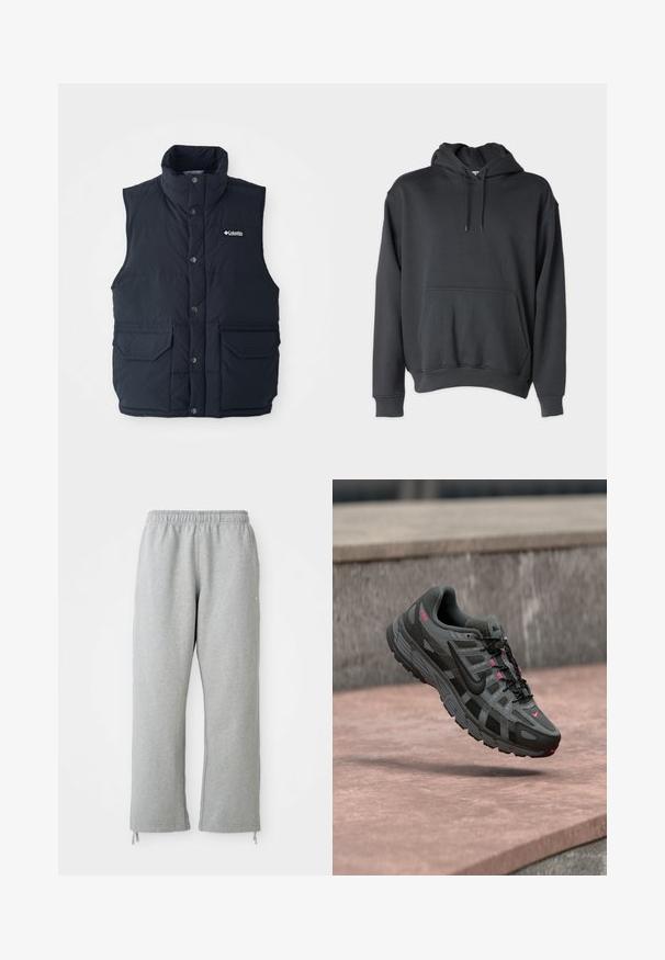 Chaleco acolchado azul marino con cuello alto, botones de presión y dos bolsillos frontales. Presenta una textura acolchada y un logotipo en el pecho.; Sudadera gris oscuro hecha de tela suave, con un bolsillo frontal, cordones en la capucha y puños y dobladillo acanalados.; Pantalones de chándal grises con una cintura elástica, piernas rectas y detalles de cordones en el dobladillo. Fabricados en una suave tela texturizada.; Zapatilla Nike gris y negra con detalles en rosa suspendida en el aire sobre una superficie de piedra, mostrando detalles laterales y superiores.