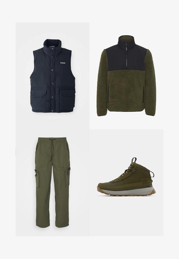 Mørkeblå puffervest med høj krave, trykknapper og to frontlommer. Har en quiltet struktur og et logo på brystet.; Fleece pullover i olivengrøn med en sort nylon brystpanel. Har en høj krave, en halv lynlås lukning og sidelommer.; Oliven grøn cargo bukser lavet af let materiale, med elastisk talje, snorelukning og flere lynlåslommer.; Vandrestøvler i olivengrøn med en struktureret ruskinds-overdel, grå mellemsål, robust ydersål og reflekterende snørebånd for øget synlighed.