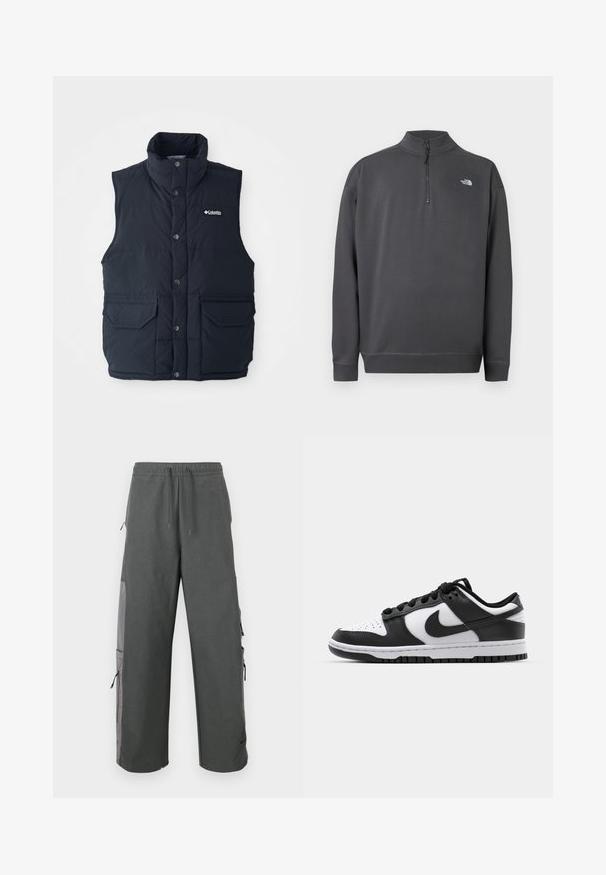 Chaleco acolchado azul marino con cuello alto, botones de presión y dos bolsillos frontales. Presenta una textura acolchada y un logotipo en el pecho.; Jersey de manga larga gris oscuro con cuello de cremallera cuarto y pequeño logo blanco de The North Face en el pecho izquierdo.; Pantalones cargo gris oscuro con cintura elástica, cordón ajustable, bolsillos laterales y detalles de malla, con un ajuste holgado y relajado.; Zapatillas Nike Dunk en blanco y negro con parte superior de cuero, puntera perforada, cordones negros y suela de goma negra con diseño de tracción.