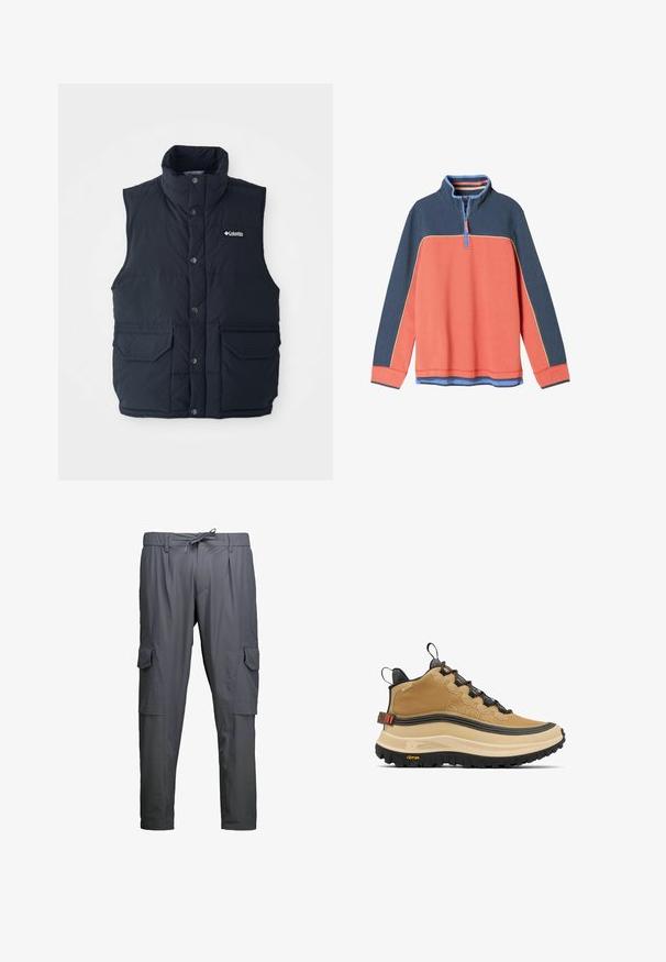 Mørkeblå puffervest med høj krave, trykknapper og to frontlommer. Har en quiltet struktur og et logo på brystet.; Tofarvet fleece-pullover med koralfarvet krop, mørkeblå ærmer og øvre bryst, lyseblå lynlås og kravekant samt en kvart lynlås foran.; Mørkegrå cargobukser med sidelommer med klap, bæltestropper og en snøre foran til lukning.; Tanfarvet højt snøresko med tekstureret finish, markant sort ydersål og orange accenter. Har snøresystem og polstret krave for støtte.