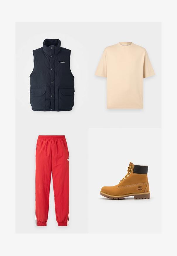 Dunkelblaues Steppweste mit hohem Kragen, Druckknöpfen und zwei Fronttaschen. Verfügt über eine gesteppte Textur und ein Logo auf der Brust.; Beige oversized T-Shirt mit kurzen Ärmeln, Rundhalsausschnitt und minimalen Nähten auf hellgrauem Hintergrund.; Rote Sporthose aus leichtem Material, mit elastischem Bund, weißen Seitenstreifen und einem kleinen Logo am oberen Bein.; Braune Leder-Ankle-Boots mit Metallösen, weißem Kunstfellfutter, schwarzem gepolstertem Kragen, robustem Sohlenprofil und geprägtem Logo an der Seite.