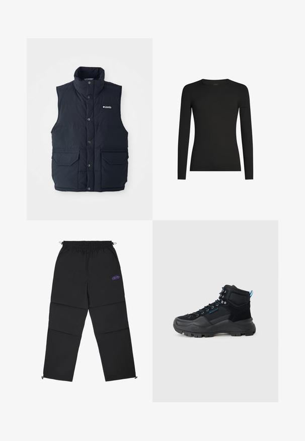 Marineblauwe gewatteerde vest met hoge kraag, drukknoopsluiting en twee voorzakken. Heeft een doorgestikt materiaal en een logo op de borst.; Zwart, aansluitend shirt met lange mouwen en ronde hals, met subtiel Icebreaker-logo op de linker mouw, weergegeven op een witte achtergrond.; Pegador ARDEN PARACHUTE PANTS - Broek - black/deep purple; Zwarte wandelschoenen van een combinatie van gestructureerd synthetisch materiaal en mesh, met blauwe accenten, metalen oogjes en een robuuste zool.
