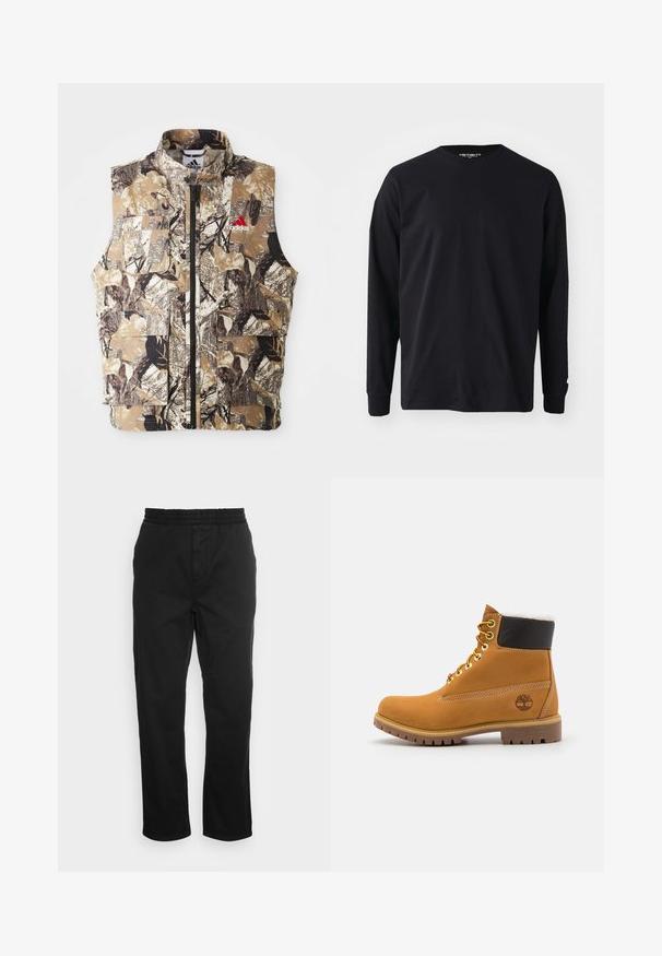 Ärmellose Weste mit Camouflage-Muster in erdigen Tönen von Braun, Beige und Schwarz. Verfügt über einen Frontreißverschluss und mehrere Cargo-Taschen. Rotes Logodetail.; Schwarzes Langarm-T-Shirt aus Baumwolle mit rundem Halsausschnitt und geradem Schnitt, mit einem kleinen Logodetail am Ärmel.; Schwarze Baumwollhose mit elastischem Bund, geraden Beinen und seitlichen Taschen. Glatte Textur ohne Muster oder Akzente.; Braune Leder-Ankle-Boots mit Metallösen, weißem Kunstfellfutter, schwarzem gepolstertem Kragen, robustem Sohlenprofil und geprägtem Logo an der Seite.