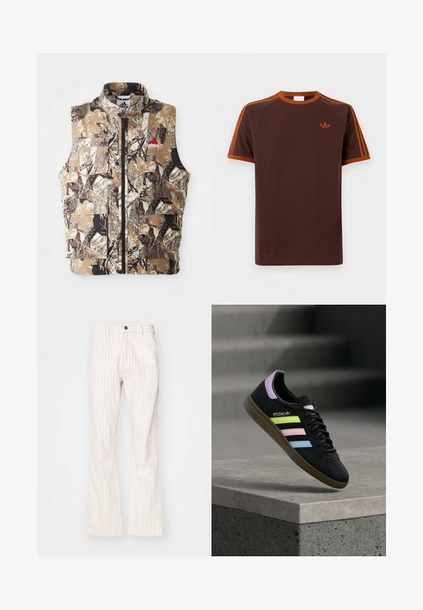 Camouflage-mønsteret ærmeløs vest i jordfarver som brun, beige og sort. Har en frontlynlås og flere cargo-lommer. Rød logo-detalje.; Brun kortærmet T-shirt med orange kant, orange tre striber på ærmerne og lille orange Adidas trefoil-logo på venstre bryst.; Kræmfarvede, flagrende bukser med lodrette røde striber, der har en knaplukning, sidelommer og et glat tekstureret stof.; Sort Adidas Spezial sneaker med pastelgule, pink og blå striber, lavendel hælstrop og brun sål, svævende over betonforkant.