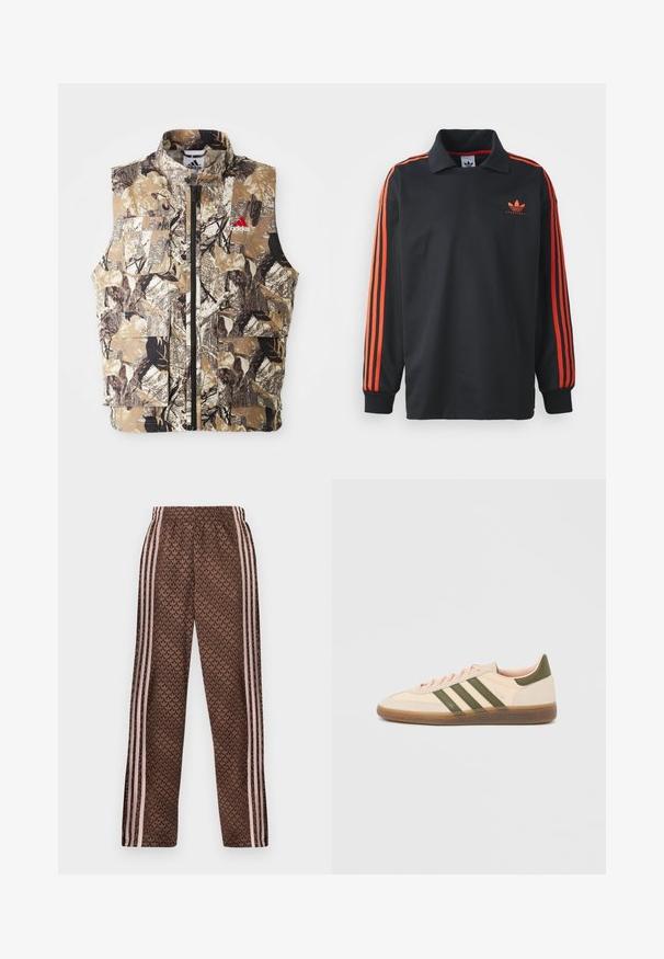 Ärmellose Weste mit Camouflage-Muster in erdigen Tönen von Braun, Beige und Schwarz. Verfügt über einen Frontreißverschluss und mehrere Cargo-Taschen. Rotes Logodetail.; Schwarzes Langarm-Polo mit Kragen, das rote Streifen an den Ärmeln und ein kleines rotes Logo auf der Brust trägt. Glatte Stoffstruktur.; Braune Jogginghose mit hellrosa vertikalen Streifen an den Seiten und einem sich wiederholenden Blattmuster überall, elastischer Bund, gerade Beinform.; Flacher, beigefarbener Adidas Spezial Sneaker mit grünen Streifen, Gummisohle und "SPEZIAL" Schriftzug an der Seite, von der Außenseite gezeigt.