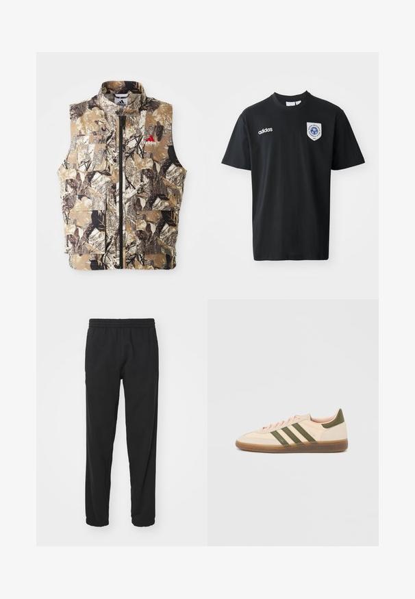 Ärmellose Weste mit Camouflage-Muster in erdigen Tönen von Braun, Beige und Schwarz. Verfügt über einen Frontreißverschluss und mehrere Cargo-Taschen. Rotes Logodetail.; Schwarzes kurzärmliges T-Shirt aus Baumwolle mit Rundhalsausschnitt. Mit weißem Adidas-Logo und einem Patch mit blauem Emblem auf der linken Brust.; Schwarze leichte Jogginghosen mit elastischem Bund, schmal zulaufendem Bein, gerafften Bündchen und seitlichen Taschen für zusätzliche Funktionalität.; Flacher, beigefarbener Adidas Spezial Sneaker mit grünen Streifen, Gummisohle und "SPEZIAL" Schriftzug an der Seite, von der Außenseite gezeigt.