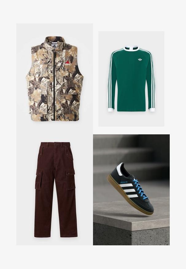 Camouflage-mønsteret ærmeløs vest i jordfarver som brun, beige og sort. Har en frontlynlås og flere cargo-lommer. Rød logo-detalje.; Langærmet grøn bomulds skjorte med hvid krave og manchetter, prydet med tre hvide striber på hver ærme og et lille hvidt logo på brystet.; Brune corduroy cargo bukser med brede ben, der har store sidelommer, vertikal ribbing tekstur og knaplukninger.; Sort Adidas sneaker med hvide striber, blå snørebånd og gummisål, der svæver over gråt betontrin i blødt lys.