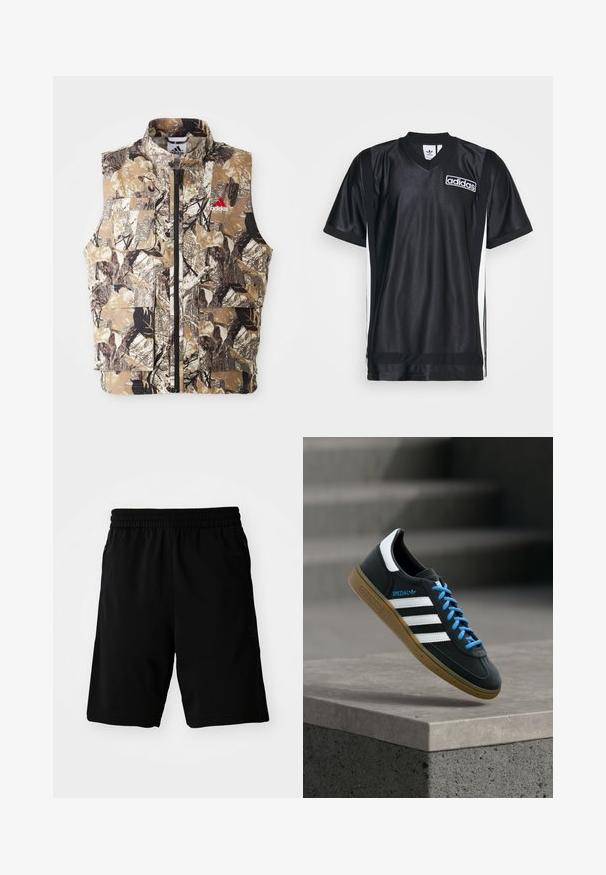 Ärmellose Weste mit Camouflage-Muster in erdigen Tönen von Braun, Beige und Schwarz. Verfügt über einen Frontreißverschluss und mehrere Cargo-Taschen. Rotes Logodetail.; Schwarzes Sporttrikot aus glänzendem, glattem Stoff mit V-Ausschnitt, versehen mit weißen Seitenstreifen und einem Adidas-Logo auf der Brust.; Schwarze Sportshorts aus synthetischem Material mit einem elastischen Bund und seitlichen Taschen. Glatte Textur ohne erkennbare Muster.; Schwarzer Adidas-Sneaker mit weißen Streifen, blauen Schnürsenkeln und Gummisohle, der über einer grauen Betontreppe im weichen Licht schwebt.