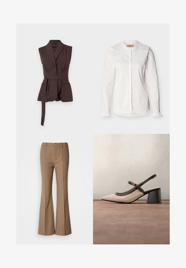 Veste sans manches marron foncé ajustée avec col châle et ceinture longue en tissu fixée, poches avant, coupe structurée sur fond blanc.; Blouse blanche à manches longues avec col mao, patte de boutonnage dissimulée, fines rayures verticales et poignets à volants, présentée sur un fond uni.; Pantalons évasés marron avec une texture lisse, dotés d'une fermeture à bouton sur le devant et de coutures verticales pour une meilleure structure.; Chaussure beige à talons hauts avec bride arrière, bout pointu, bordure noire et détail boucle. Matériau lisse à finition mate, talon moyen épais.