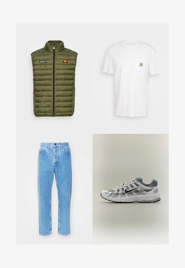 Gevoerde mouwloze vest in olijfgroen, met een hoge kraag, voorrits, logopatch en horizontale doorgestikte patronen.; Witte katoenen t-shirt met korte mouwen, een borstzak en een klein vierkant logo-opdruk in oranje en wit op de zak.; Lichtblauwe denim jeans hebben een rechte pijpdesign, vijf zakken en een klassiek knoopsluiting bij de taille.; Wit-grijze Nike P-6000 sneaker met zwarte swoosh, mesh panelen en gestructureerde zool, zijaanzicht op een neutrale achtergrond.