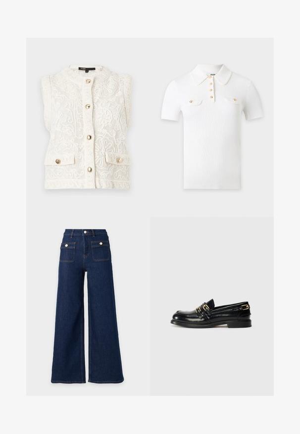 Veste blanche sans manches avec broderie en dentelle florale ornée, boutons dorés sur le devant et sur deux petites poches avant, col rond.; Polo blanc en tissu côtelé à manches courtes, avec un col pointu, quatre boutons dorés sur le devant et deux poches poitrine avec rabats à boutons dorés.; Jeans en denim bleu foncé à jambes larges, taille haute et deux poches avant à rabat avec boutons.; Mocassins en cuir noir avec une finition brillante, dotés de deux boucles dorées et d'un talon bas. Texture lisse avec un design à bout arrondi.