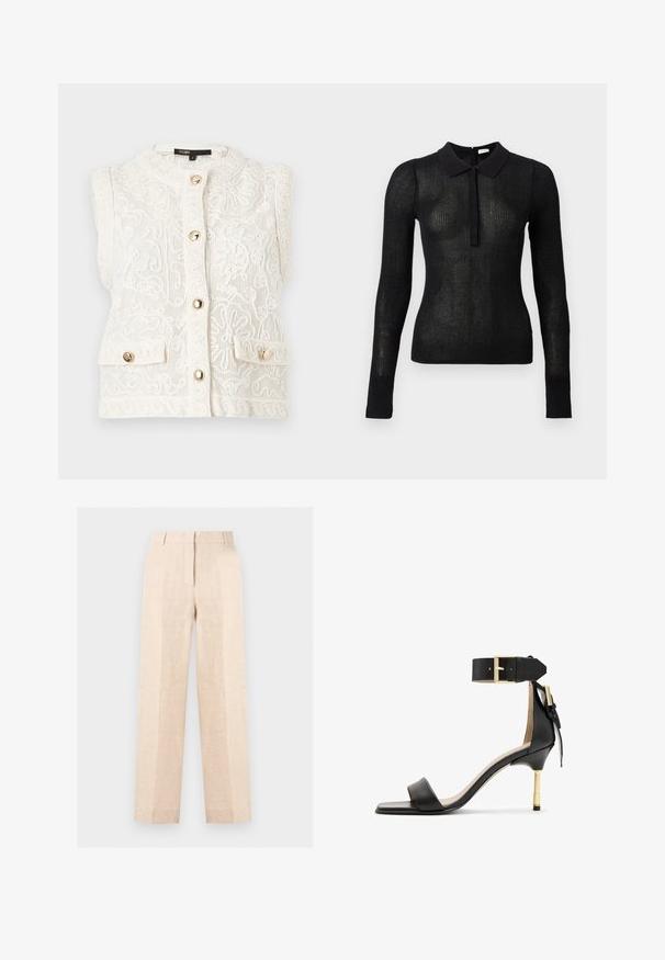 Veste blanche sans manches avec broderie en dentelle florale ornée, boutons dorés sur le devant et sur deux petites poches avant, col rond.; Haut en tricot noir à manches longues, ajusté, avec une texture transparente et un col uni, patte de boutonnage à l'avant, présenté sur un fond uni.; Pantalon beige taille haute droit avec pli sur le devant, fermeture éclair dissimulée et passants de ceinture, présenté sur un fond clair uni.; Sandale à talon en cuir noir avec un bout carré, une bride de cheville dotée d'une boucle en or et un talon métallique fin. Texture lisse, design minimaliste.