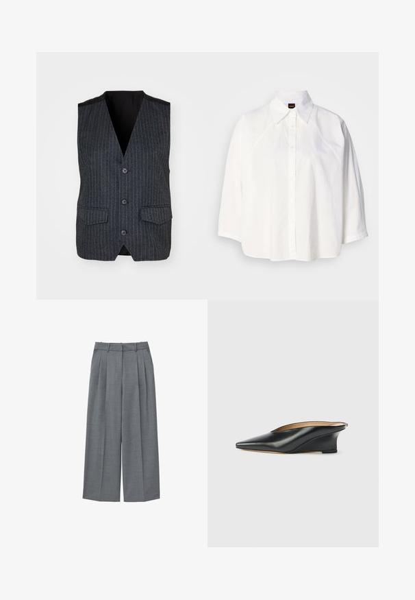 Grijze vest met verticale streepjes, een V-hals, een vijfknopenfront, twee voorzakken en een zwarte satijnen voering.; Wit overhemd met korte mouwen, een klassieke kraag, knoopsluiting aan de voorkant en een afgeronde zoom. Heeft een gladde textuur en subtiel stiksel.; Grijze, geplooide wijde broek met een gladde textuur, een op maat gemaakte tailleband en geen zichtbare hardware. Ontworpen voor een ontspannen pasvorm.; Zwarte pump van lakleer met een scherpe neus en open achterkant, met een strak, gebogen ontwerp en een minimalistische stijl.