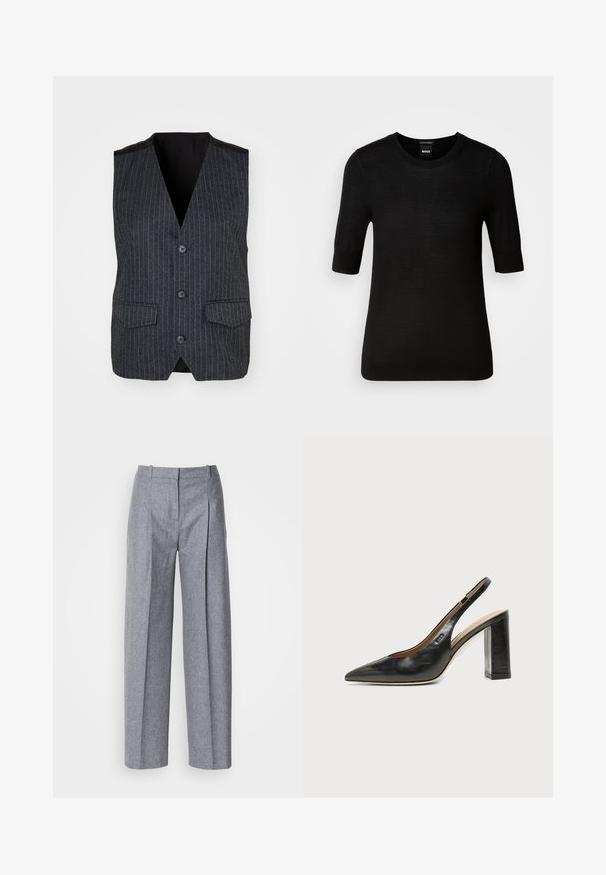 Grijze vest met verticale streepjes, een V-hals, een vijfknopenfront, twee voorzakken en een zwarte satijnen voering.; Zwarte short-sleeve trui gemaakt van fijne merino wol. Ronde halslijn, slim fit, gladde textuur, minimalistisch design, geen zichtbare patronen of accenten.; Lichtgrijze wijdluwe broeken van een gestructureerde stof, met plooien aan de voorkant en een fijne taille. Minimalistisch ontwerp, zonder zichtbare hardware.; Zwarte leren slingback schoen met spits toelopend neusje, hoge blokhak en beige binnenvoering tegen een effen lichte achtergrond.