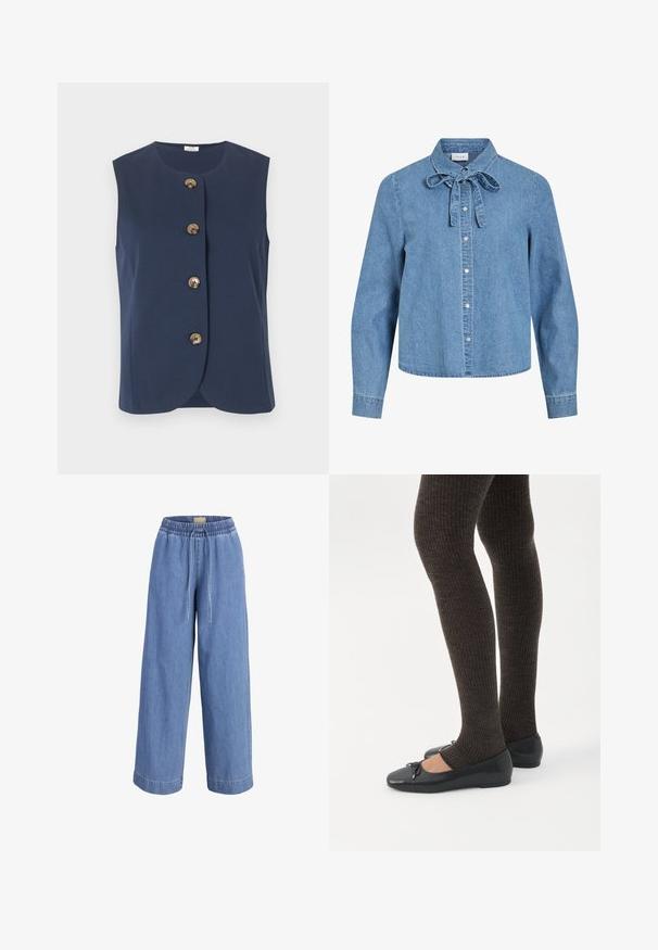 Veste sans manches bleu marine avec encolure arrondie et quatre grands boutons marron sur le devant, sur fond uni.; Chemise en denim bleu clair à manches longues avec des boutons-pression argentés sur le devant et un nœud noué au col.; Pantalon en jean bleu clair à jambes larges avec ceinture élastique et fermeture à cordon à l'avant.; Jambes portant des leggings côtelés foncés associés à des ballerines noires avec de petits détails en nœud sur fond blanc.