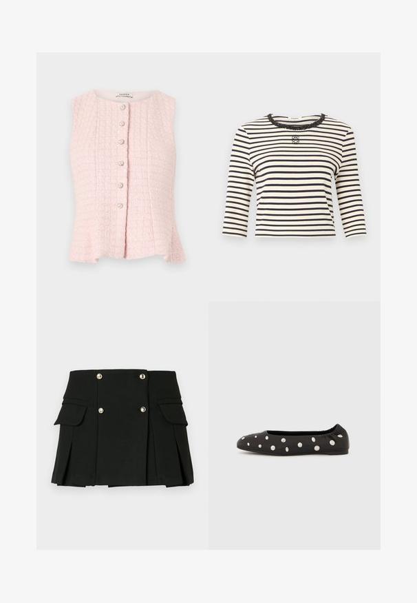 Blouse sans manches rose pâle texturée avec un col rond et six boutons en perle alignés au centre devant.; Haut à manches longues à rayures horizontales blanches et noires avec un col rond orné de sequins et un petit logo décoratif au centre de la poitrine.; Jupe mini plissée noire en tissu texturé, dotée de deux poches avant et de accents de boutons en ton doré.; Chaussure ballerine noire à bride élastique à l'arrière, ornée de gros clous ronds argentés dispersés sur le dessus, vue de profil sur fond blanc.