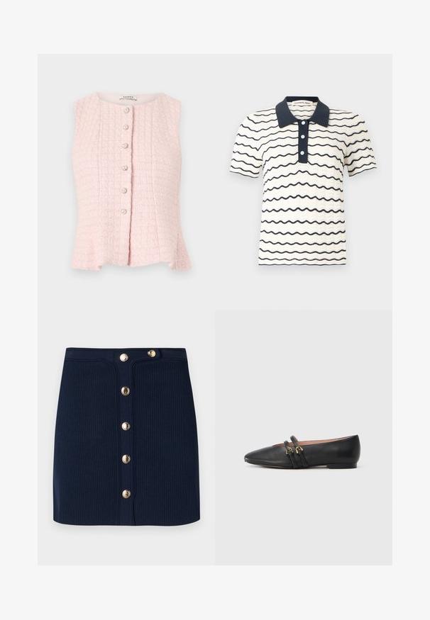 Blouse sans manches rose pâle texturée avec un col rond et six boutons en perle alignés au centre devant.; Polo en maille crème à manches courtes avec des rayures ondulées bleu marine, col bleu marine, patte de boutonnage et motif texturé subtil.; Mini-jupe en tricot côtelé bleu marine avec une taille haute et une rangée avant de six boutons en métal doré.; Chaussures plates en cuir noir avec un bout pointu, dotées de deux brides noires avec des accents en métal doré. Texture lisse et talon bas.