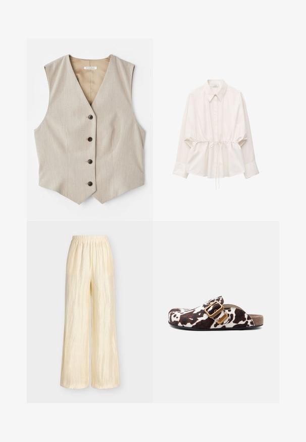 Beige vest med et tekstureret stof, v-halsudskæring og fem mørke knapper. Har en lige skårne kant og ingen ærmer for et skræddersyet udseende.; Hvid skjorte med lange ærmer, knapper, spids krave og justerbar snøre i taljen, løs pasform og brede manchetter.; Lyse beige bukser med vide ben, en elastisk talje med rynk og en let krøllet stoftekstur.; Slip-on clog med brun og hvid ko-mønster, stor guldbøjle og korksål.