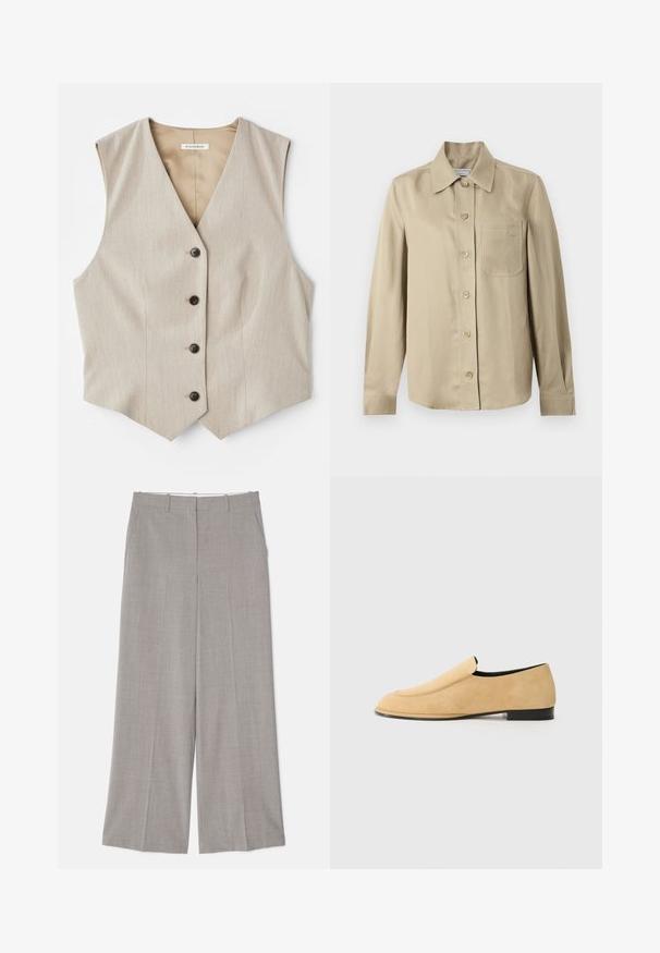 Beige vest med et tekstureret stof, v-halsudskæring og fem mørke knapper. Har en lige skårne kant og ingen ærmer for et skræddersyet udseende.; Beige skjorte med lange ærmer, knapper, spids krave og brystlomme, vist på en ensartet lys baggrund.; Lys grå, vide bukser i et glat, tekstureret stof. Funktioner omfatter sidelommer og en skræddersyet pasform med en lige skæring.; NEOUS POLARIS - Loafers - sand