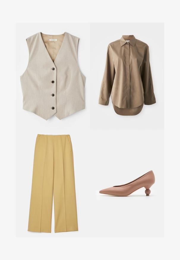 Beige vest med et tekstureret stof, v-halsudskæring og fem mørke knapper. Har en lige skårne kant og ingen ærmer for et skræddersyet udseende.; Brun langærmet skjorte lavet af glat stof, med spids krave, frontknaplukning, og en afrundet kant bagpå.; Viddebenede bukser i en sennepsgul stof, med forlommer og en glat tekstur, samt et rent, skræddersyet design.; Weekend Max Mara RENZA - Pumps - nudo