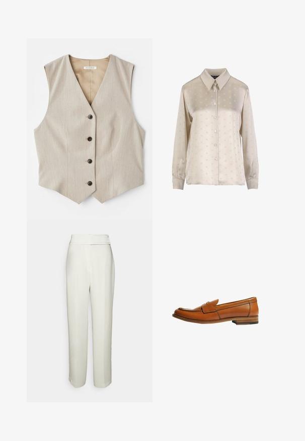 Beige vest med et tekstureret stof, v-halsudskæring og fem mørke knapper. Har en lige skårne kant og ingen ærmer for et skræddersyet udseende.; Lysebeige skjorte med knapper i satin, der har et subtilt præget mønster, lange ærmer og klassisk kravedesign.; Halston KARTER WEDDING PANT - Bukser - chalk; Brun læderloafer med flad hæl, rund tå og en dekorativ rem over vristen. Glat tekstur med kontrastsyningsdetalje.